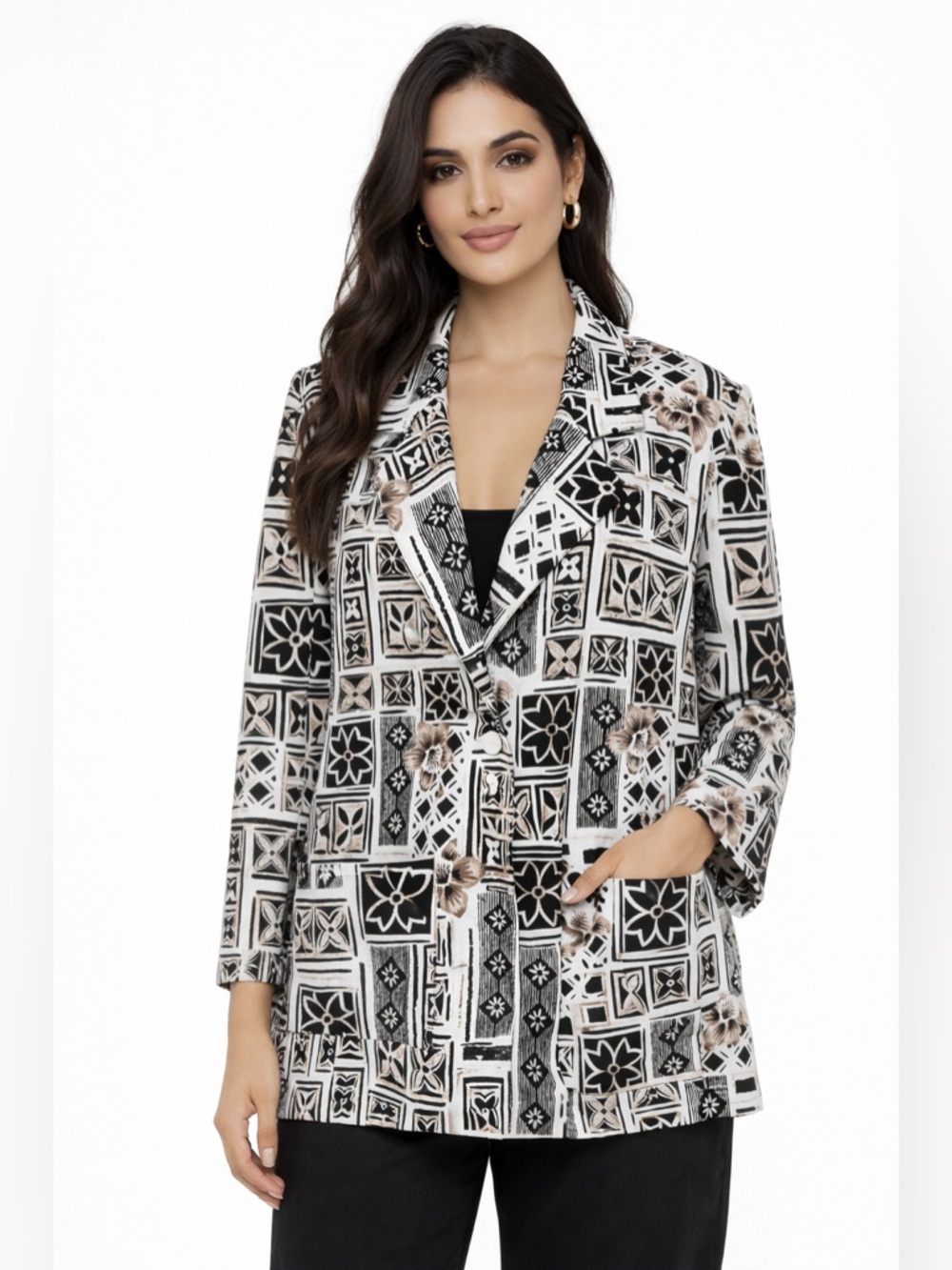 Vintage 90s Abstract Print Blazer Jacket Size 8 Black White Artsy Chic Pockets